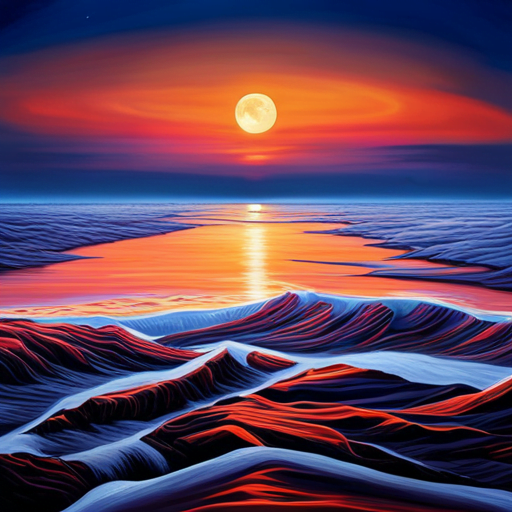 An image depicting an expansive sky with a blazing sunset on the western horizon, gradually transitioning to a serene moon-lit night on the eastern horizon, symbolizing the movement of weather patterns from west to east